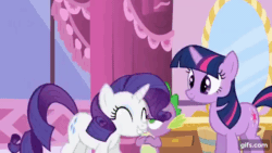 Size: 640x360 | Tagged: safe, derpibooru import, screencap, rarity, spike, twilight sparkle, unicorn twilight, dragon, pony, unicorn, green isn't your color, season 1, ^^, animated, carousel boutique, cute, eyes closed, female, gif, gifs.com, jumping, male, mare, open mouth, open smile, raribetes, smiling, trio