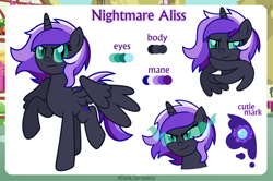 Size: 1100x732 | Tagged: safe, artist:jennieoo, derpibooru import, oc, oc:nightmare aliss, alicorn, pony, angry, possessed, reference, reference sheet, simple background, solo, story, story included, vector