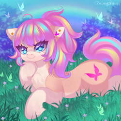 Size: 3000x3000 | Tagged: safe, artist:monstrum, derpibooru import, oc, oc only, oc:bijou butterfly, butterfly, earth pony, pony, background, big eyes, cute, cutie mark, ear piercing, earring, earth pony oc, eye clipping through hair, female, flower, grass, high res, jewelry, looking at you, lying down, mare, ocbetes, piercing, prone, rainbow, signature, smiling, smiling at you, solo