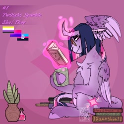 Size: 1500x1500 | Tagged: safe, alternate version, artist:gothalite, derpibooru import, twilight sparkle, twilight sparkle (alicorn), alicorn, pony, bisexual pride flag, book, curved horn, female, glasses, glowing, glowing horn, horn, magic, mare, mouthpiece, multiple wings, pride, pride flag, redesign, smiling, solo, telekinesis, wing ears, wings