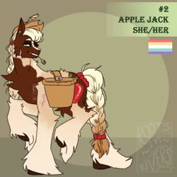 Size: 1500x1500 | Tagged: safe, alternate version, artist:gothalite, derpibooru import, applejack, earth pony, pony, abstract background, braid, braided tail, chest fluff, female, hat, hoof fluff, mare, mouthpiece, pride, pride flag, raised hoof, raised leg, redesign, saddle basket, smiling, solo, straw in mouth, tail