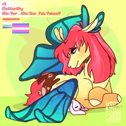 Size: 1500x1500 | Tagged: safe, alternate version, artist:gothalite, derpibooru import, fluttershy, pegasus, pony, rabbit, animal, butterfly wings, female, lesbian, lying down, mare, mouthpiece, prone, redesign, smiling, solo, transgender, wings