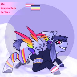 Size: 1500x1500 | Tagged: safe, alternate version, artist:gothalite, derpibooru import, rainbow blitz, rainbow dash, pegasus, pony, abstract background, clothes, colored wings, grin, male, mouthpiece, multicolored wings, pride, pride flag, rainbow wings, redesign, rule 63, smiling, solo, stallion, transgender pride flag, wings