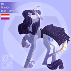 Size: 2000x2000 | Tagged: safe, artist:gothalite, derpibooru import, rarity, pony, unicorn, belt, clothes, curved horn, dress, eyes closed, female, hoof fluff, horn, jewelry, lesbian, lesbian pride flag, mare, mouthpiece, necklace, pride, pride flag, raised hoof, raised leg, redesign, smiling, solo