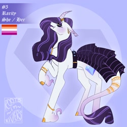 Size: 2000x2000 | Tagged: safe, alternate version, artist:gothalite, derpibooru import, rarity, pony, unicorn, belt, clothes, curved horn, dress, eyes closed, female, hoof fluff, horn, jewelry, lesbian pride flag, mare, mouthpiece, necklace, pride, pride flag, raised hoof, raised leg, redesign, smiling, solo