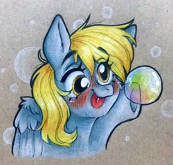 Size: 2048x1960 | Tagged: safe, artist:madkadd, derpibooru import, derpy hooves, pegasus, pony, :p, blushing, bubble, bust, eyelashes, female, mare, solo, tongue, tongue out, traditional art, underhoof