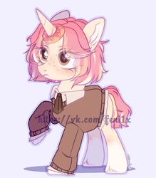 Size: 712x812 | Tagged: safe, artist:fenix-artist, derpibooru import, oc, oc only, pony, unicorn, clothes, donut, ear fluff, ears, eyelashes, female, food, horn, horn impalement, mare, raised hoof, raised leg, simple background, solo, unicorn oc