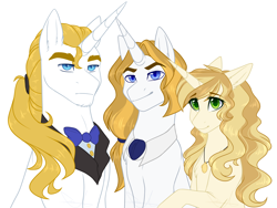 Size: 3460x2600 | Tagged: safe, artist:purplegrim40, derpibooru import, prince blueblood, oc, pony, unicorn, bowtie, bust, female, frown, horn, jewelry, male, mare, necklace, parent:prince blueblood, peytral, simple background, smiling, stallion, story included, unicorn oc, white background