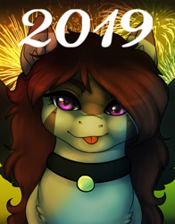 Size: 1567x2000 | Tagged: safe, artist:highrolleryt, derpibooru import, oc, oc only, earth pony, pony, :p, bust, chest fluff, choker, earth pony oc, happy new year 2019, solo, tongue, tongue out