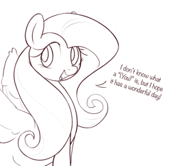 Size: 1171x1133 | Tagged: safe, artist:nookprint, derpibooru import, fluttershy, pony, (you), dialogue, female, mare, monochrome, open mouth, simple background, solo, spread wings, talking, white background, wings