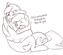 Size: 1329x1171 | Tagged: safe, artist:nookprint, derpibooru import, fluttershy, oc, oc:anon stallion, earth pony, pegasus, pony, dialogue, ears, earth pony oc, eyes closed, female, floppy ears, hug, lying down, male, mare, monochrome, one eye closed, open mouth, prone, simple background, sitting, spread wings, stallion, talking, white background, wings