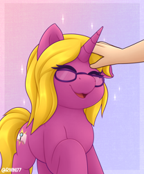 Size: 2000x2400 | Tagged: safe, artist:rivin177, derpibooru import, oc, oc:bright star, human, pony, unicorn, commission, eyes closed, glasses, hand, petting, raised hoof, raised leg, simple background, sparkles, ych result, your character here