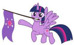 Size: 1566x957 | Tagged: safe, artist:katnekobase, artist:twilyisbestpone, derpibooru import, twilight sparkle, twilight sparkle (alicorn), alicorn, pony, base used, cute, cutie mark, female, flag, flying, looking at you, mare, mouth hold, pegasus wings, raised hoof, raised leg, simple background, smiling, solo, spread wings, transparent background, twiabetes, wings