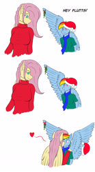 Size: 1280x2304 | Tagged: safe, artist:fluffyorbiter, derpibooru import, fluttershy, rainbow dash, anthro, pegasus, big breasts, breasts, cap, clothes, delicious flat chest, female, flutterdash, folded wings, hat, heart, hearth's warming eve, hootershy, kissing, lesbian, mare, mistletoe, rainbow flat, shipping, simple background, small breasts, smiling, surprised, sweater, sweatershy, white background