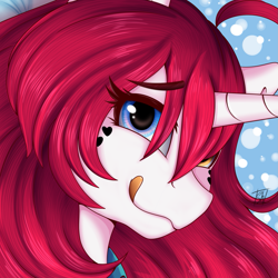 Size: 1785x1782 | Tagged: safe, artist:shamy-crist, derpibooru import, oc, oc only, oc:yuko, pony, unicorn, bust, female, freckles, heterochromia, looking at you, mare, portrait, solo, tongue, tongue out