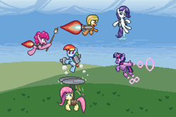 Size: 1200x800 | Tagged: safe, artist:nitobit, derpibooru import, applejack, fluttershy, pinkie pie, rainbow dash, rarity, twilight sparkle, earth pony, pegasus, unicorn, flying, food, jetpack, mane six, marshmallow, pinkie being pinkie, pixel art