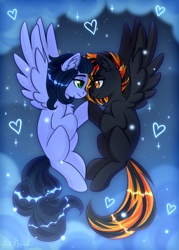 Size: 750x1050 | Tagged: safe, artist:leahminik, artist:stormcloud, derpibooru import, oc, oc:mayday, oc:skiu, pegasus, pony, cloud, couple, heart, wings