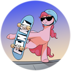 Size: 3023x3023 | Tagged: safe, artist:aquaticvibes, derpibooru import, pinkie pie, earth pony, pony, cute, diapinkes, female, helmet, mare, skateboard, solo, sunglasses