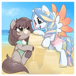 Size: 2141x2141 | Tagged: safe, artist:pfeffaroo, derpibooru import, oc, oc only, pegasus, pony, beach, bipedal, clothes, meta, open mouth, sandcastle, swimsuit, twitter