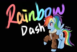 Size: 1600x1075 | Tagged: safe, artist:zhangwenwen, derpibooru import, rainbow dash, pegasus, pony, black background, bomber jacket, clothes, female, jacket, simple background, solo, spread wings, wings