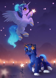 Size: 2430x3400 | Tagged: safe, artist:anku, derpibooru import, oc, oc only, oc:asteria, alicorn, pony, unicorn, alicorn oc, duo, female, flower, flying, full body, hair bun, mare, smiling, stars, tangible heavenly object