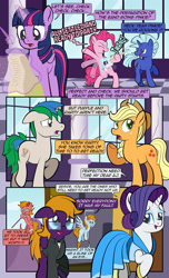 Size: 1920x3168 | Tagged: safe, artist:alexdti, derpibooru import, applejack, pinkie pie, rarity, twilight sparkle, twilight sparkle (alicorn), oc, oc:aqua lux, oc:purple creativity, oc:star logic, oc:warm focus, alicorn, earth pony, pegasus, pony, unicorn, comic:quest for friendship, bipedal, clothes, comic, dialogue, dress, ears back, eyes closed, female, folded wings, freckles, glasses, glowing, glowing horn, grammar error, guitar, high res, horn, lidded eyes, looking at someone, looking away, magic, male, mare, musical instrument, narrowed eyes, onomatopoeia, open mouth, open smile, pegasus oc, raised hoof, raised leg, shadow, shoulder angel, shoulder devil, smiling, speech bubble, spread wings, stallion, tail, telekinesis, two toned mane, two toned tail, underhoof, unicorn oc, wall of tags, wings