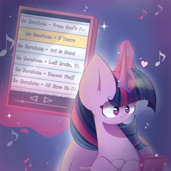 Size: 2600x2600 | Tagged: safe, artist:miryelis, derpibooru import, twilight sparkle, twilight sparkle (alicorn), alicorn, pony, bo burnham, female, heart, horn, magic, misspelling, music, music notes, phone, simple background, smiling, solo, sparkles, telekinesis, text