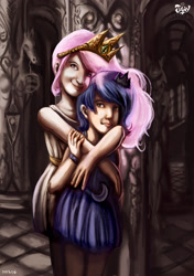 Size: 2096x2972 | Tagged: safe, artist:jowyb, derpibooru import, princess celestia, princess luna, human, 2014, creepy, creepy face, duo, humanized, old art, pink-mane celestia, uncanny valley