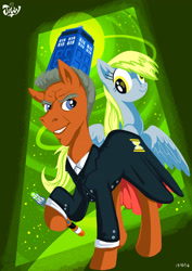 Size: 2480x3508 | Tagged: safe, artist:jowyb, derpibooru import, derpy hooves, earth pony, pegasus, pony, 2014, clothes, coat, doctor who, female, male, mare, old art, sonic screwdriver, stallion, twelfth doctor