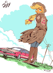 Size: 557x765 | Tagged: safe, artist:jowyb, derpibooru import, applejack, anthro, plantigrade anthro, 2014, boots, car, cowboy boots, duster, looking back, old art, shoes, solo