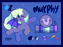 Size: 1398x1063 | Tagged: safe, artist:flixanoa, derpibooru import, oc, oc:murphy, bat pony, bandaid, coloured mouth, eye clipping through hair, flying, mascot, nonbinary, one eye closed, purple, reference sheet, solo, wink