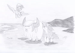 Size: 1920x1368 | Tagged: safe, artist:malte279, derpibooru import, oc, oc only, oc:antulgin, oc:jaques de rouge cremier, oc:leafhelm, pegasus, unicorn, yak, pencil drawing, traditional art