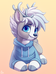 Size: 750x1000 | Tagged: safe, artist:luminousdazzle, derpibooru import, oc, oc only, oc:silver, deer, antlers, blue eyes, clothes, cloven hooves, coat markings, deer oc, ear fluff, ears, front view, grin, hoodie, looking at you, lying down, male, prone, signature, simple background, smiling, smiling at you, socks (coat marking), solo, stag