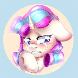 Size: 2150x2150 | Tagged: safe, artist:pozya1007, derpibooru import, oc, oc only, pony, unicorn, blushing, bust, crying, ears back, female, gritted teeth, high res, horn, looking away, mare, portrait, sad, signature, solo, teeth, two toned mane, unicorn oc