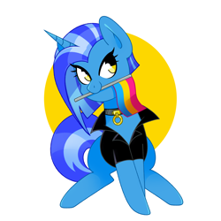 Size: 1600x1600 | Tagged: safe, artist:vivian reed, derpibooru import, oc, oc only, pony, unicorn, blank flank, blue coat, blue mane, clothes, collar, commission, female, golden eyes, looking at you, mare, pansexual, pansexual pride flag, pride, pride flag, shirt, simple background, sitting, solo, straight hair, straight mane, tail, two toned mane, two toned tail, white background, ych result