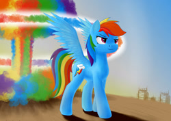 Size: 1280x906 | Tagged: safe, artist:zocidem, derpibooru import, rainbow dash, pegasus, pony, cool guys don't look at explosions, explosion, female, mare, mushroom cloud, shadow, smiling, smirk, solo, sonic rainboom, spread wings, wings