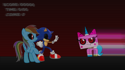 Size: 1920x1080 | Tagged: safe, artist:wesleyvianen, derpibooru import, rainbow dash, cat, hedgehog, pegasus, pony, unicorn, .exe, blood, clothes, crack, crossover, fangs, female, gloves, horn, male, raised hoof, raised leg, shoes, smiling, sonic the hedgehog, sonic the hedgehog (series), text, unikitty, unikitty! (tv series), wings, zalgo, zip lines