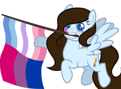 Size: 1040x768 | Tagged: safe, alternate version, artist:yeetmedownthestairs, derpibooru import, oc, oc only, oc:krissy, pegasus, pony, bigender, bigender pride flag, bisexual pride flag, commission, face paint, flag, grin, hair over one eye, mouth hold, pride, pride flag, pride month, raised hoof, raised leg, simple background, smiling, solo, transparent background, ych result