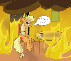 Size: 1702x1477 | Tagged: safe, artist:xwosya, derpibooru import, applejack, earth pony, pony, background, chair, cup, fire, looking at you, meme, room, sitting, smiling, table, talking to viewer, teacup, text, this is fine, this will end in death