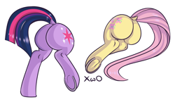 Size: 2507x1452 | Tagged: safe, artist:xwosya, derpibooru import, fluttershy, twilight sparkle, pony, butt, butt only, disembodied hindquarters, dock, flutterbutt, frog (hoof), horseshoes, lying down, plot, raised hoof, raised leg, simple background, tail, twibutt, underhoof, white background