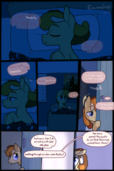 Size: 3000x4500 | Tagged: safe, artist:storyteller, derpibooru import, oc, oc:omelette, comic:eavesdrop, bed, bedroom, colt, comic, dialogue, foal, male, night, poster, sleeping, sneaking, solo focus, speech bubble