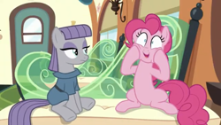 Size: 1334x750 | Tagged: safe, derpibooru import, screencap, maud pie, pinkie pie, earth pony, pony, rock solid friendship, season 7, cheek squish, duo, female, hooves on cheeks, mare, squishy cheeks, train