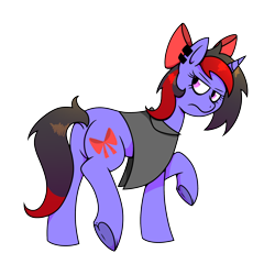 Size: 2000x2000 | Tagged: safe, artist:machacapigeon, oc, oc:ruby shadow, pony, unicorn, ponybooru collab 2022, annoyed, bow, clothes, dock, female, makeup, piercing, simple background, solo, transparent background, underhoof
