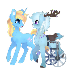 Size: 4283x4145 | Tagged: safe, artist:gladius lockhart, derpibooru import, oc, oc only, oc:coco, oc:skydreams, deer, pony, unicorn, bell, braid, deer oc, female, non-pony oc, simple background, transparent background, wheelchair