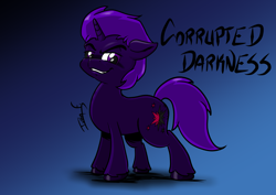 Size: 4961x3508 | Tagged: safe, artist:memprices, derpibooru exclusive, derpibooru import, oc, oc only, oc:corrupted darkness, pony, unicorn, absurd resolution, evil grin, eyebrows, giveaway, gradient background, grin, horn, looking at you, male, raised eyebrow, signature, smiling, smiling at you, solo, stallion, standing, unicorn oc