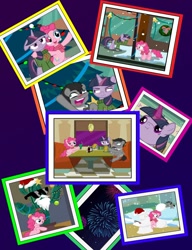 Size: 1042x1358 | Tagged: safe, artist:dendoctor, derpibooru import, doctor whooves, mean twilight sparkle, pinkie pie, twilight sparkle, twilight sparkle (alicorn), alicorn, earth pony, pegasus, pony, comic:clone.., g4, alternate universe, bauble, blushing, cactus, christmas, christmas lights, christmas tree, cider, clone, clothes, comic, decoration, diner, discord whooves, discorded whooves, drunk, ears, facehoof, faic, female, fireworks, floppy ears, food, glass, glowing, glowing horn, hat, hearth's warming eve, holiday, horn, juice, juice box, magic, male, mare, pepper, pinkie clone, pole, salt, santa beard, santa hat, scarf, snow, snowman, soda, stallion, sunglasses, sweater, the doctor, tongue, tongue out, tongue stuck to pole, tree, wreath