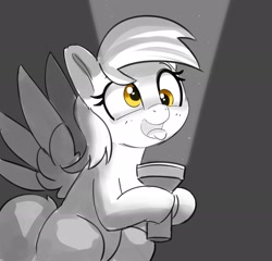 Size: 3000x2876 | Tagged: safe, artist:pabbley, derpibooru import, derpy hooves, pegasus, pony, cute, derpabetes, female, flashlight (object), gray background, grayscale, hoof hold, making faces with a flashlight, mare, monochrome, neo noir, open mouth, open smile, partial color, silly, simple background, smiling, solo, tongue, tongue out