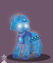 Size: 4245x5021 | Tagged: safe, artist:devorierdeos, derpibooru import, crystal pony, pony, undead, fallout equestria, cape, clothes, crystal, crystal empire, crystal empire emblem, diamond, emblem, glowing, glowing eyes, golem, helmet, looking at you