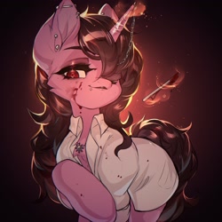 Size: 2048x2048 | Tagged: safe, artist:minekoo2, derpibooru import, oc, oc only, oc:claret heartthrob, unicorn, amulet, blood, chaos, chaos star, doctor, ear piercing, eyeshadow, fanfic art, female, hair over one eye, horn, horn piercing, jewelry, makeup, piercing, scalpel, solo, solo female, surgeon, this will end in tears, unicorn oc