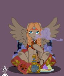 Size: 4245x5021 | Tagged: safe, artist:devorierdeos, derpibooru import, oc, oc:iv, pegasus, pony, fallout equestria, a box with weapons, blue eyes, braid, cake, chips, clothes, cloud, enclave, food, grand pegasus enclave, headband, hippie, hookah, hooves, laser rifle, loincloth, pegasus oc, pillow, poncho, red hair, resting, simple background, sitting, smoke from the mouth, smoking, spread wings, wings